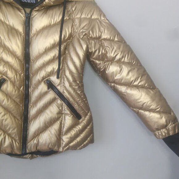 GUESS | Metallic Gold Hooded Puffer Winter Fall Jacket Quilted Snow Coat XS - Picture 4 of 16